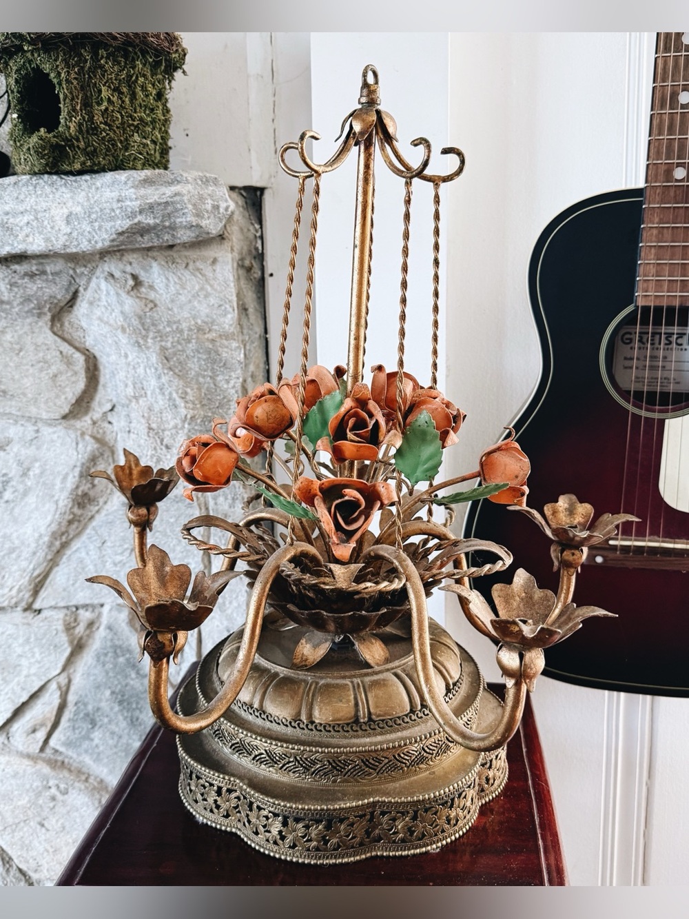 Vintage Italian Hollywood Regency Gold Gilt Rose Chandelier Candle Holder Lamp